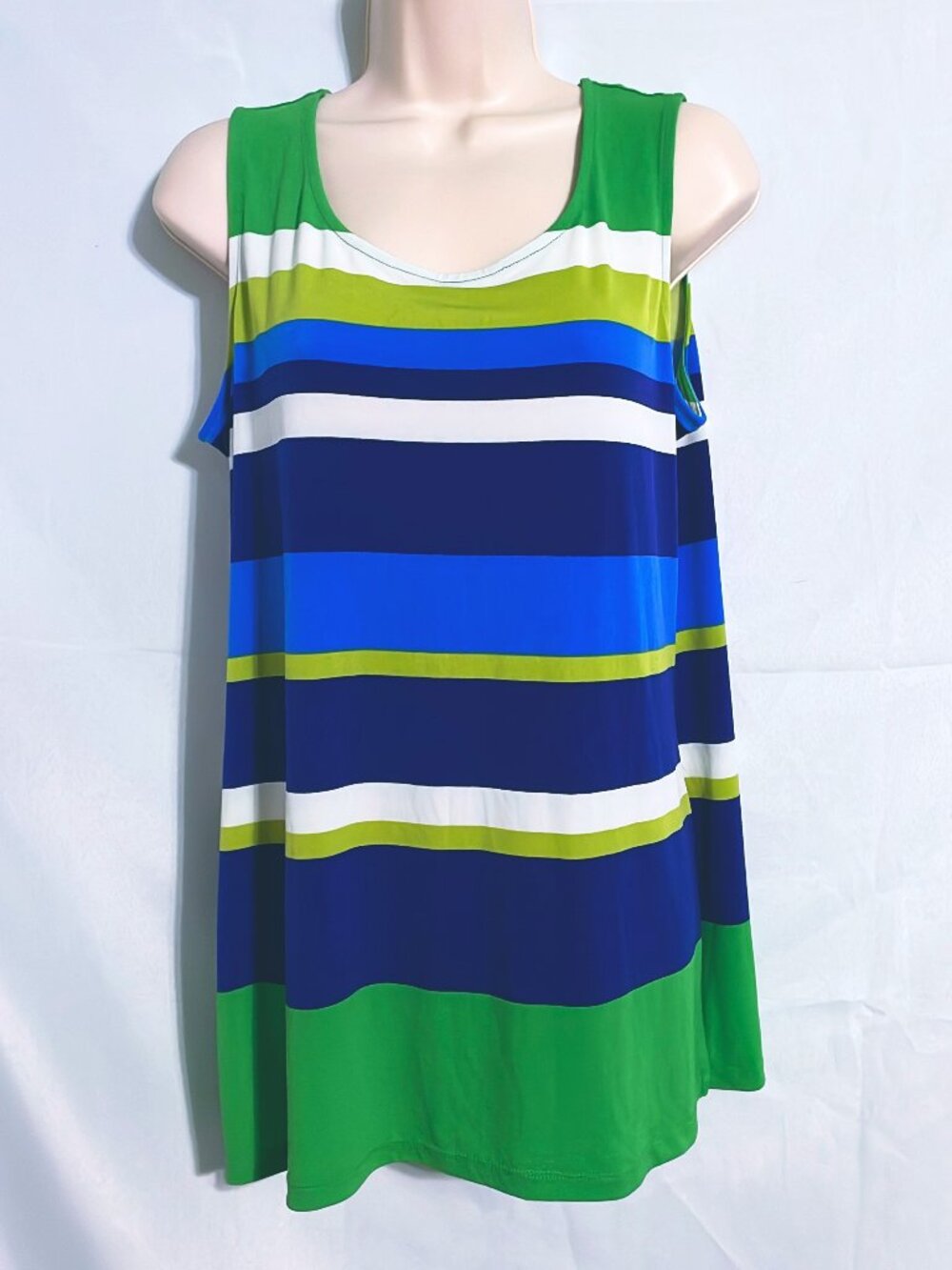 Susan Graver Green Blue & White Striped Top Size M